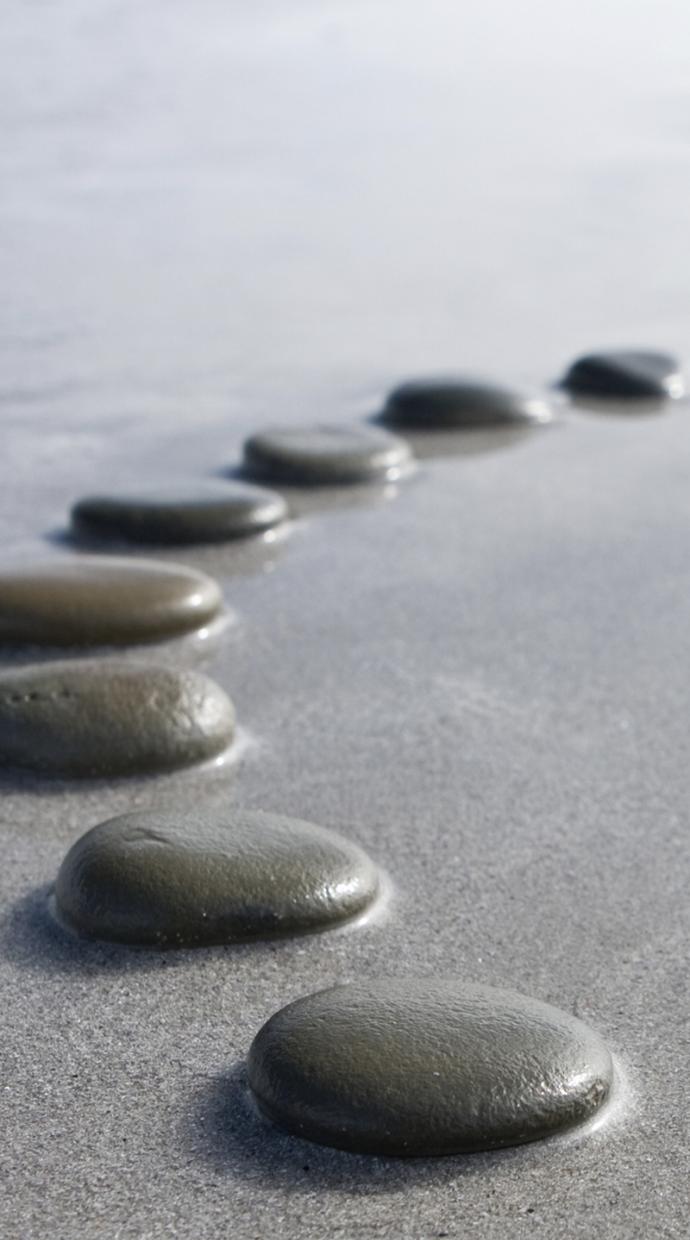 A series of flat round stones on a wet beach arrayed in a crescent.